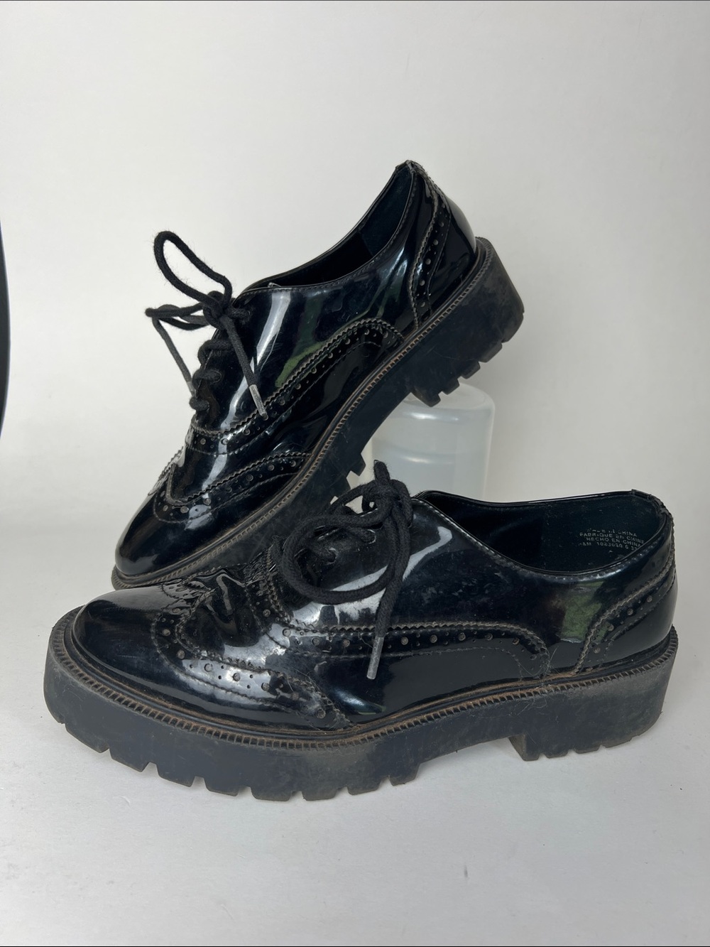 H&M Black Patent Leather Brogue Lug Sole Oxfords